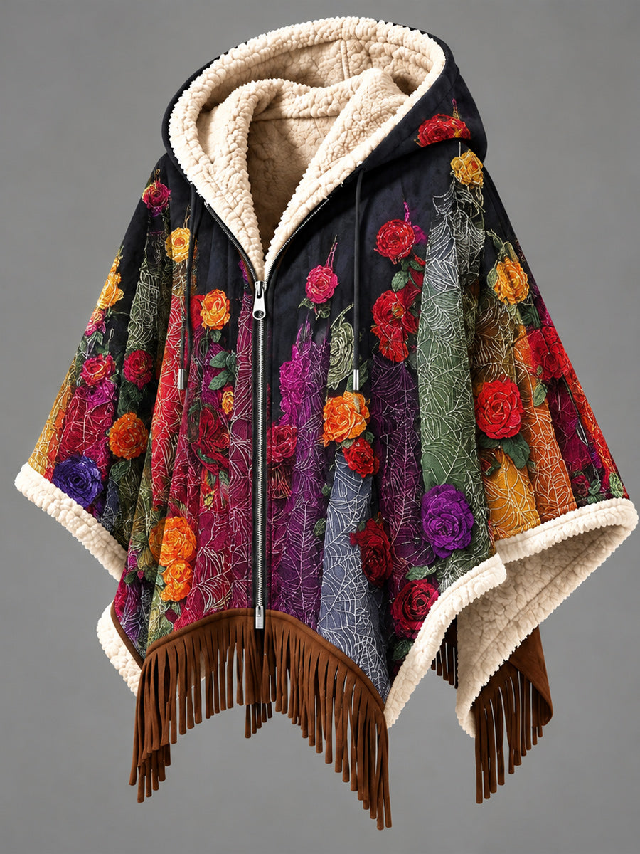 Women's Fall Winter Vintage Art Fleece-Lined Hooded Fringe Poncho